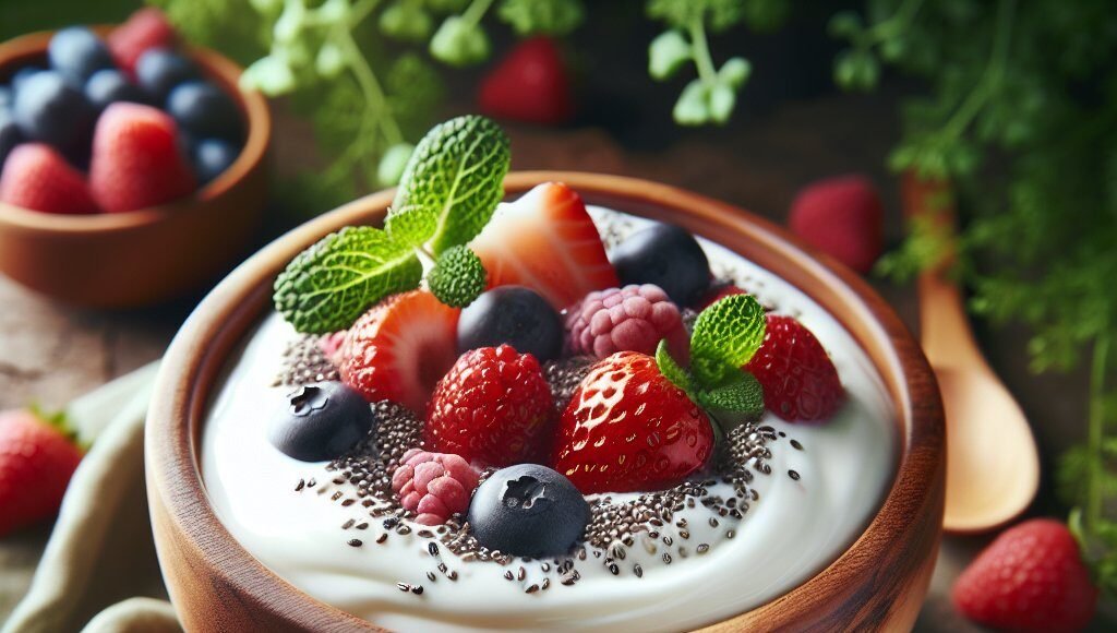 Luxurious bowl of keto-friendly yogurt, adorned with vibrant low-carb berries, and chia seeds, set in a rustic wooden bowl against a backdrop of lush greenery.