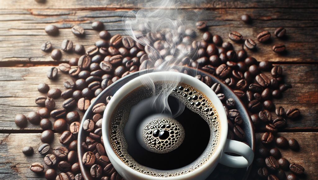 Steaming cup of rich black coffee surrounded by vibrant coffee beans on a rustic wooden table