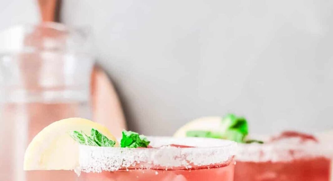 cranberry margaritas in glasses with salt rims