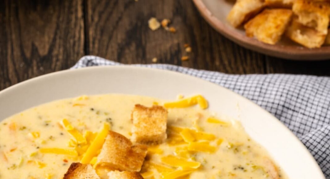 A bowl of instant pot broccoli cheddar soup topped with croutons with a spoon.