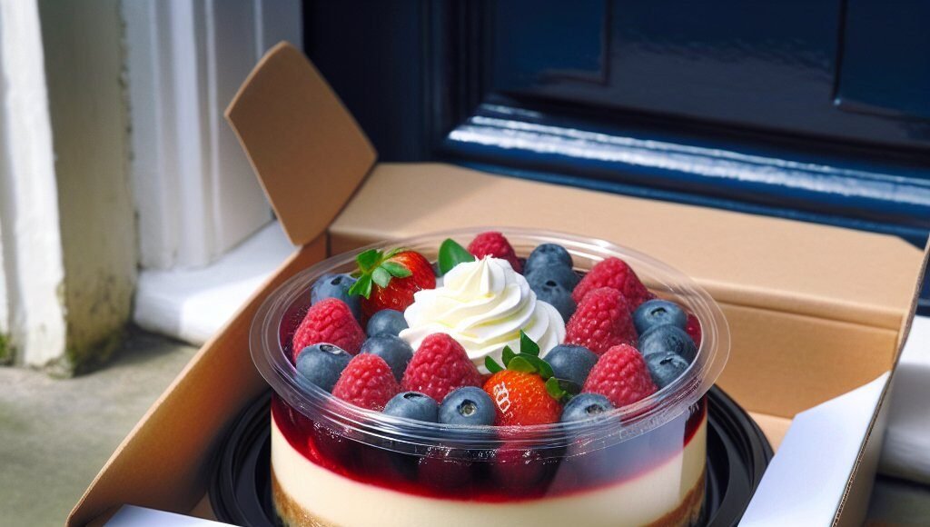 Keto cheesecake delivery with fresh berries and whipped cream on the side, packaged with quality and keto-friendly label on doorstep