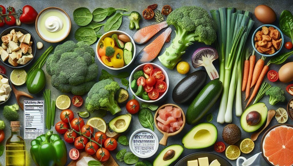 Assortment of keto-friendly vegetables, healthy fats, and protein sources arranged in an appealing manner