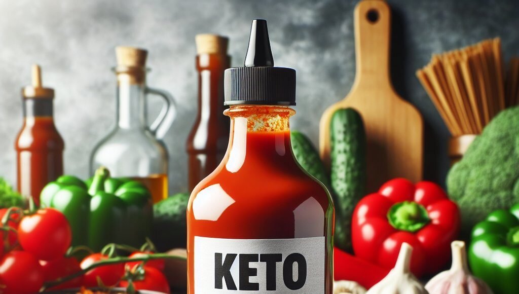 Vibrant red keto sriracha sauce bottle surrounded by fresh, low-carb and keto-friendly ingredients such as peppers, garlic, and vinegar in a modern kitchen setting.