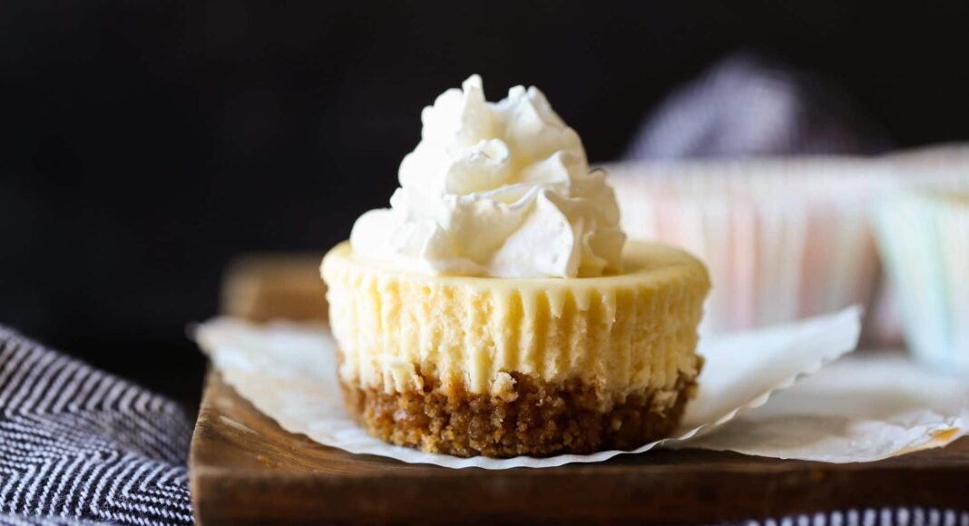 Mini cheesecake topped with whipped cream.