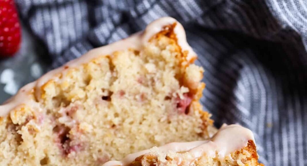 Slices of strawberry bread cut from the end of a loaf, resting on their sides.