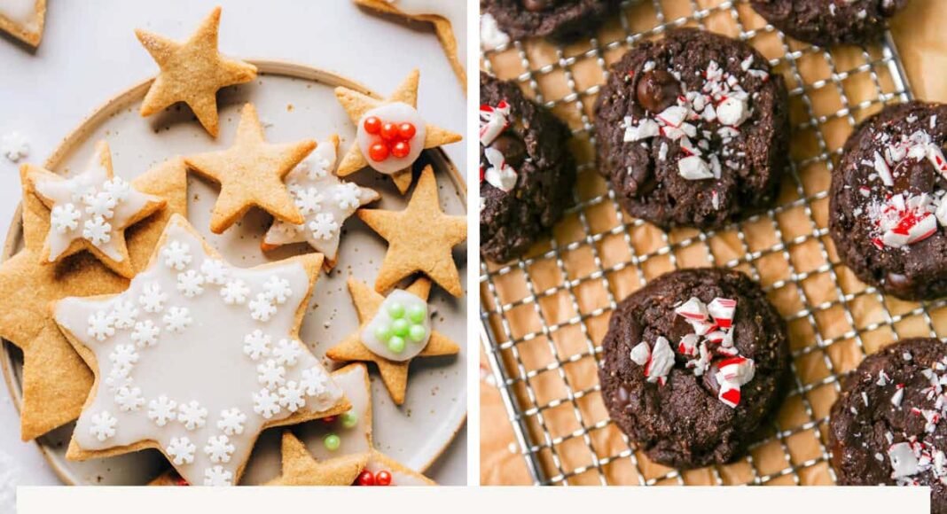 Collage of four different cookies: sugar cookies, peppermint chocolate cookies, peanut butter blossoms and thumbprint cookies.