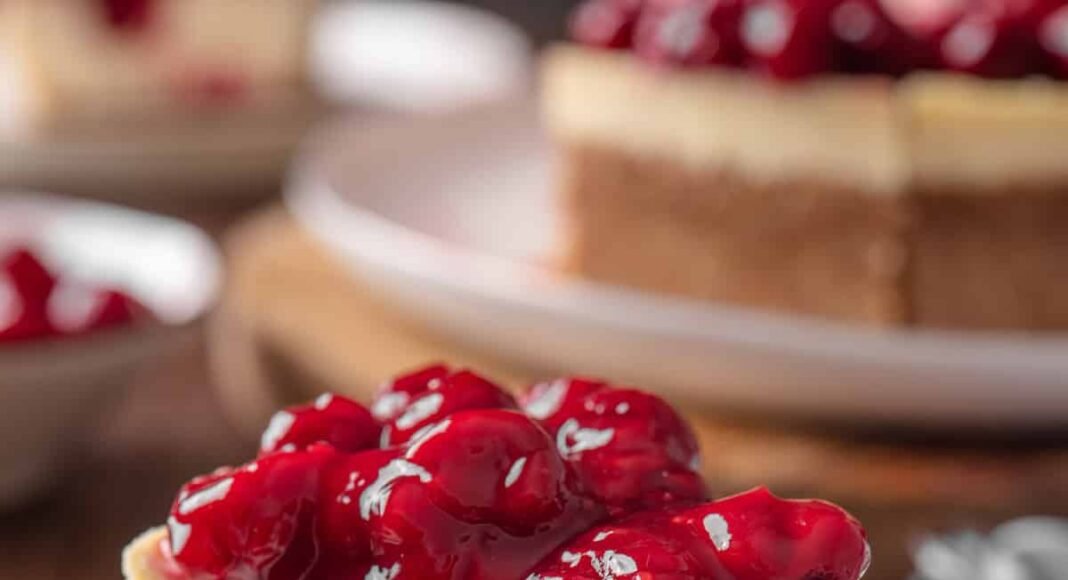 A spoonful of cherry pie filling next to a slice of cherry cheesecake on a plate.