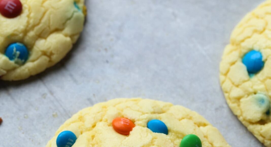 Cake mix cookies with M&Ms.