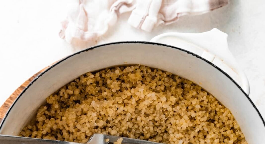 A large white pot filled with cooked quinoa. There is a silver fork in the quinoa.