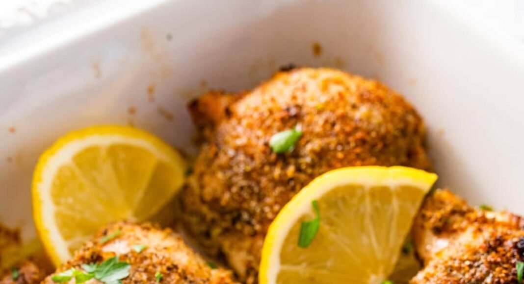 Six baked Greek chicken thighs in a white baking dish. The chicken is topped with fresh parsley and lemon slices.