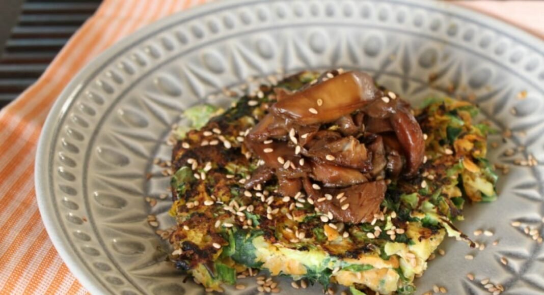 Grain-FreeJapanese Pancakes With Sticky Mushrooms [Vegan, Gluten-Free]