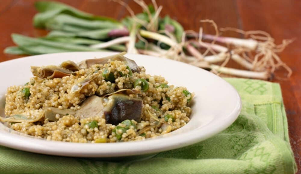 Quinao Pilaf with Ramps, Artichokes, and Peas