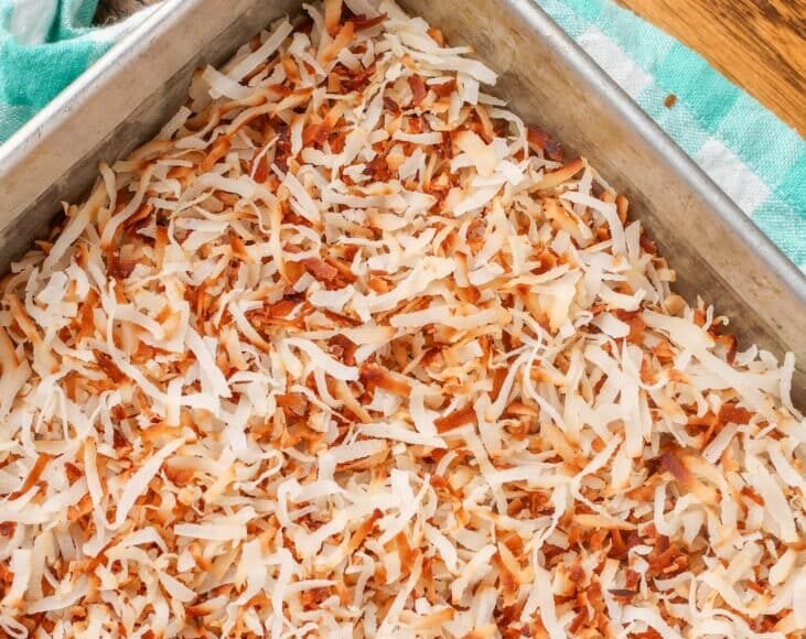 toasted coconut in pan over light blue napkin
