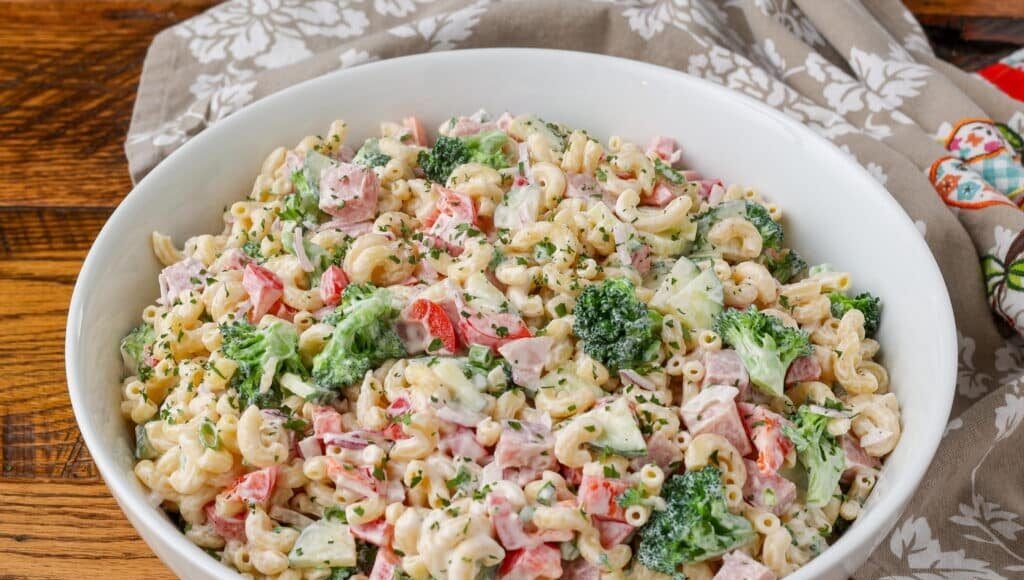 ham pasta salad in a bowl