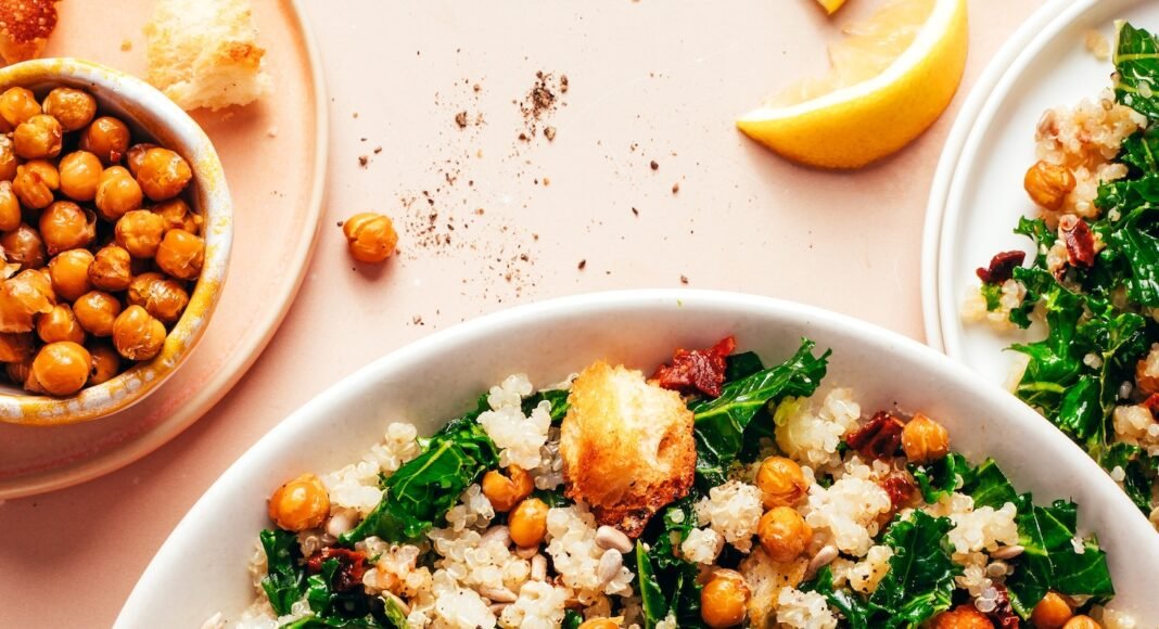 Overhead photo of a bowl of our Lemony Quinoa Kale Salad with Crispy Chickpeas recipe