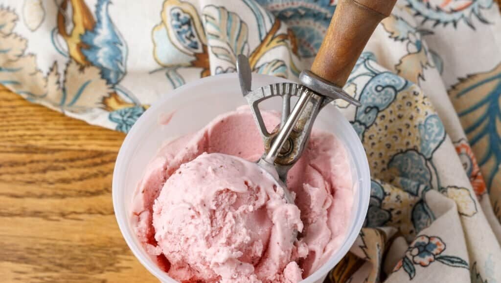 horizontal photo of ice cream in container with scoop on wooden table