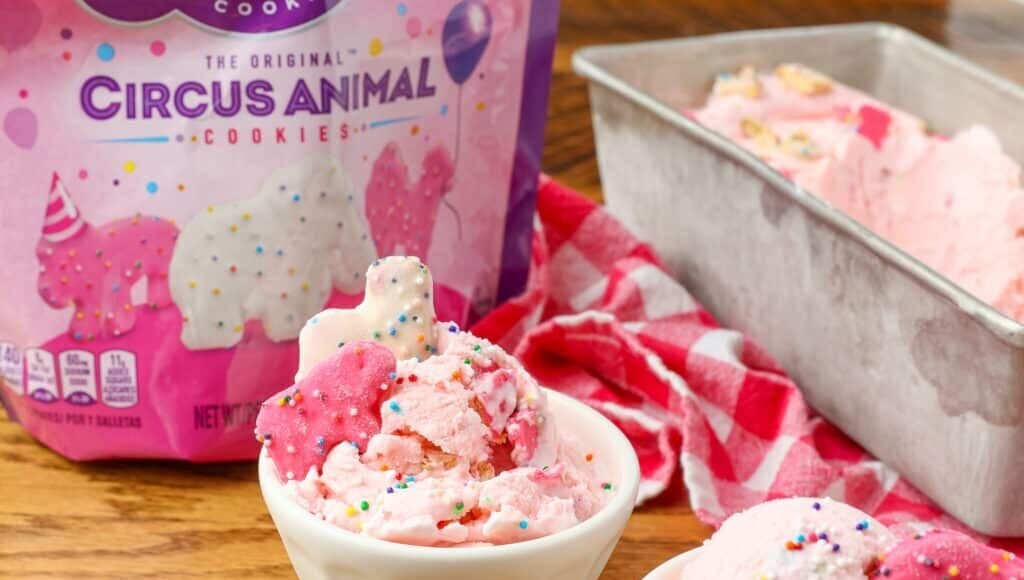 circus animal cookies in ice cream with bag in the background