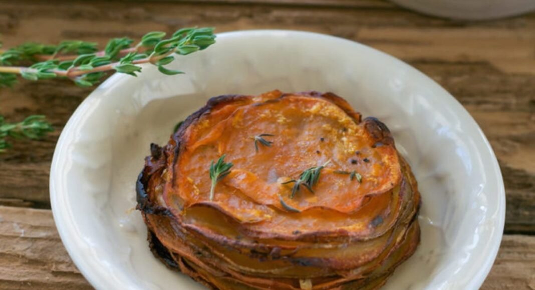 Maple and Thyme Potato, Beet, Sweet Potato Stacks [Vegan, Gluten-Free] – One Green Planet