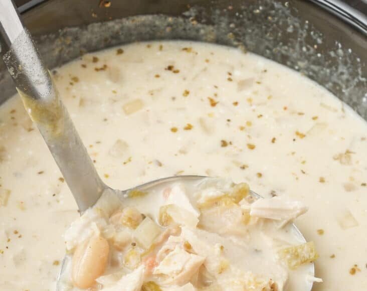 close up of white chicken chili in crockpot with ladle